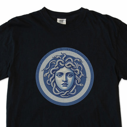 Blue Medusa mosaic t-shirt with Greek mythology gorgon head graphic.