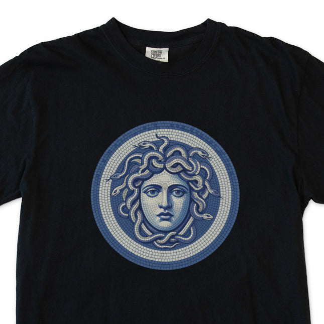 Blue Medusa mosaic t-shirt with Greek mythology gorgon head graphic.