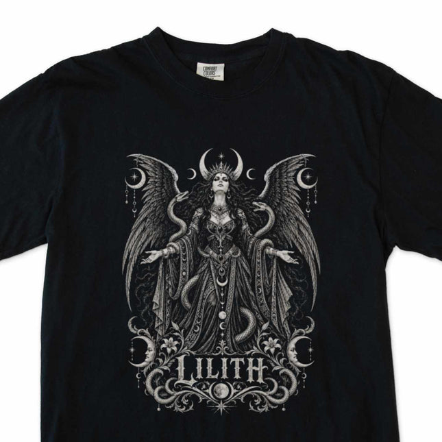 Lilith dark fantasy t-shirt featuring a winged figure and crescent moons graphic.