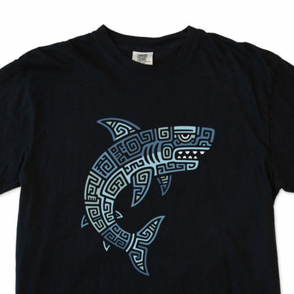 Blue t-shirt featuring a Mayan tribal shark and geometric ocean design.