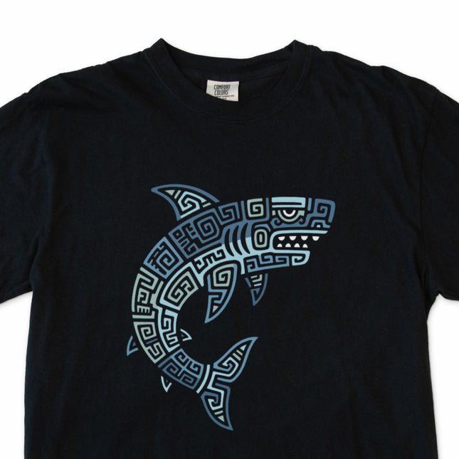 Blue t-shirt featuring a Mayan tribal shark and geometric ocean design.