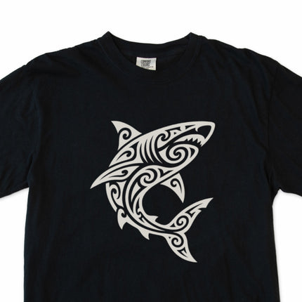 Tribal shark Polynesian tattoo style graphic t-shirt design.