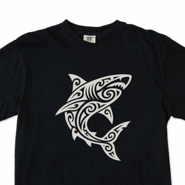 Tribal shark Polynesian tattoo style graphic t-shirt design.