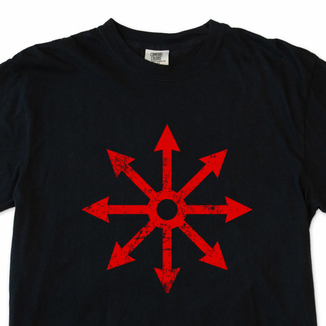 Celestial mythology nebula art printed on a black unisex t-shirt.