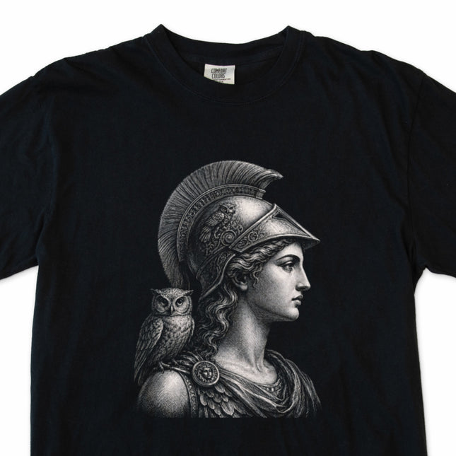 Pallas Athene goddess art t-shirt featuring Greek mythology owl symbol.