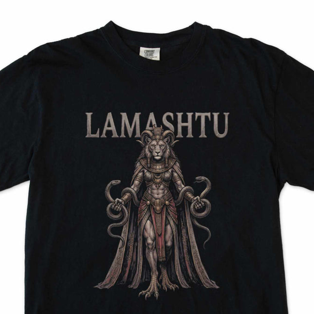 Dark fantasy t-shirt featuring Lamashtu, the Mesopotamian demon artwork.
