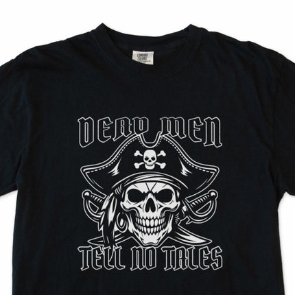 Jolly Roger skull graphic t-shirt featuring the Dead Men Tell No Tales pirate design.