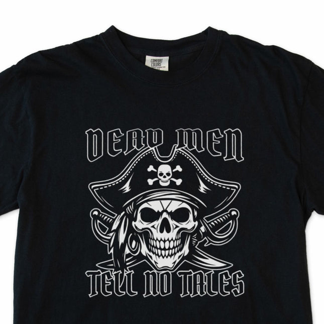 Jolly Roger skull graphic t-shirt featuring the Dead Men Tell No Tales pirate design.
