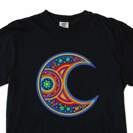 Colorful Huichol-inspired crescent moon graphic tee featuring vibrant Mexican folk art patterns.