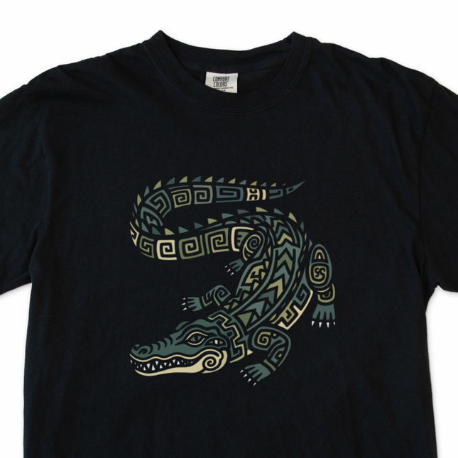 Tribal Mayan crocodile graphic tee shirt design.