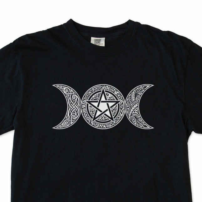 Black t-shirt graphic featuring the triple moon and pentacle symbols for pagan wear.