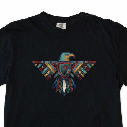 Geometric Thunderbird eagle graphic tee featuring tribal patterns on black fabric.
