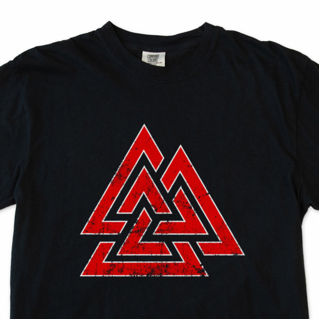 Odin Valknut symbol graphic tee. Norse mythology viking art design on a black unisex t-shirt.