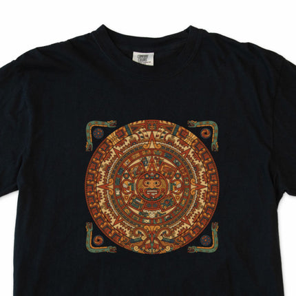 Mayan Calendar graphic tee featuring ancient Mesoamerican celestial and cultural art print.