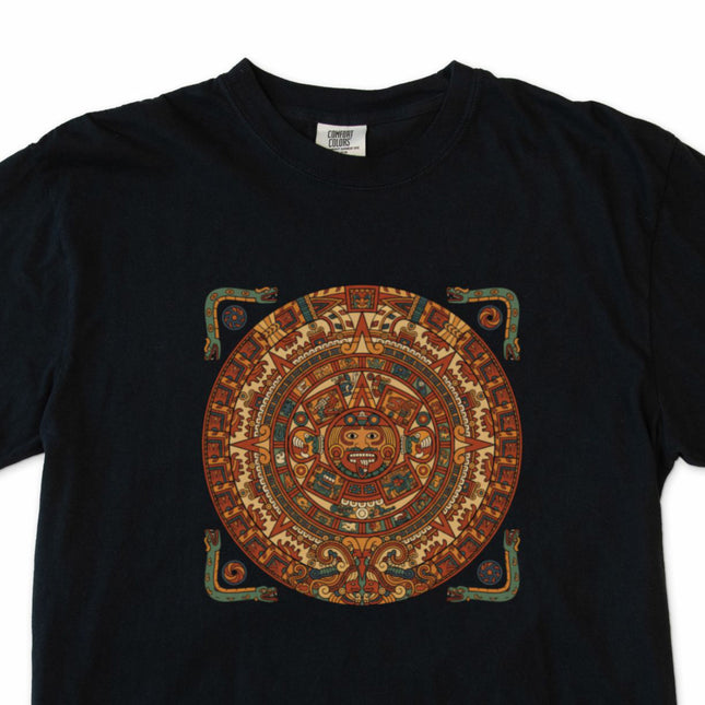 Mayan Calendar graphic tee featuring ancient Mesoamerican celestial and cultural art print.