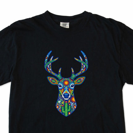 Mexican folk art t-shirt featuring a colorful Huichol deer graphic print.
