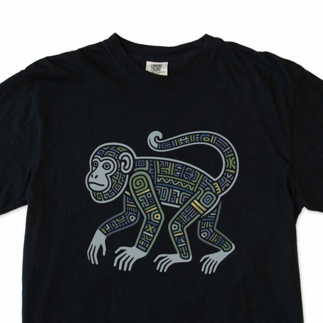 Mayan monkey tribal art t-shirt featuring geometric ancient symbol design.