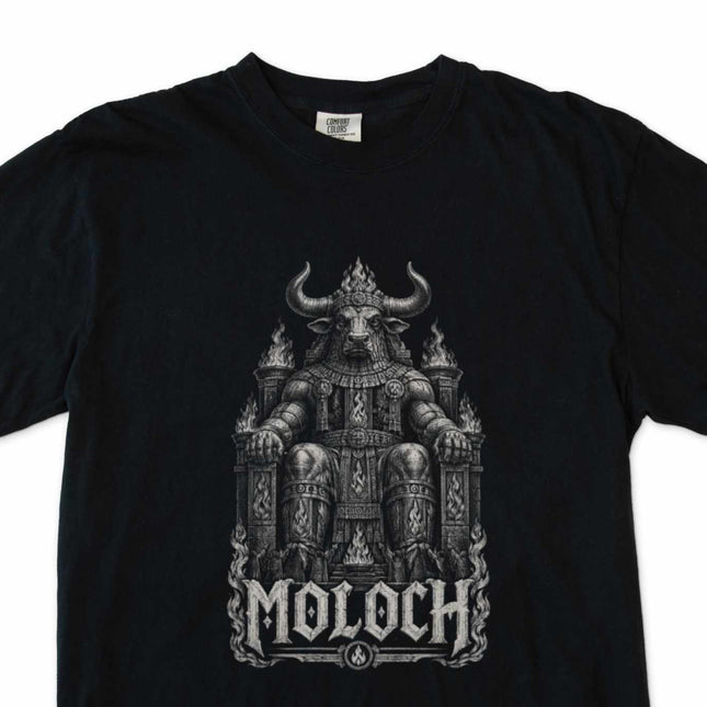 Gothic fantasy art of Moloch and a horned throne figure. Dark, dramatic t-shirt design.