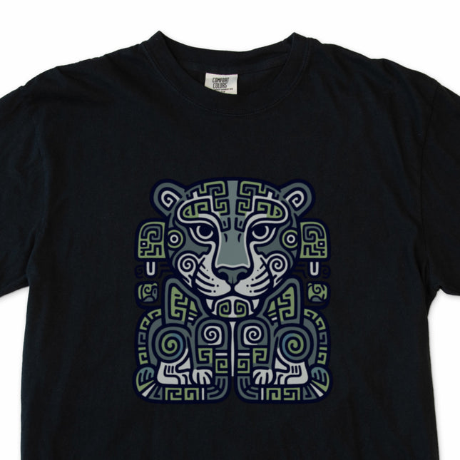 Ancient Mayan jaguar tribal art graphic tee shirt design featuring Mesoamerican motifs.