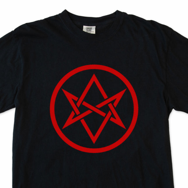 Black t-shirt featuring a unicursal hexagram sacred geometry print. Esoteric occult magic design tee.