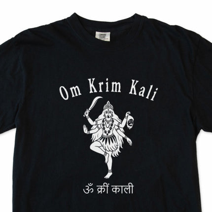 Om Krim Kali Sanskrit graphic t-shirt featuring Hindu Goddess Kali art and spiritual symbols.