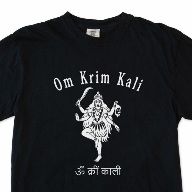 Om Krim Kali Sanskrit graphic t-shirt featuring Hindu Goddess Kali art and spiritual symbols.