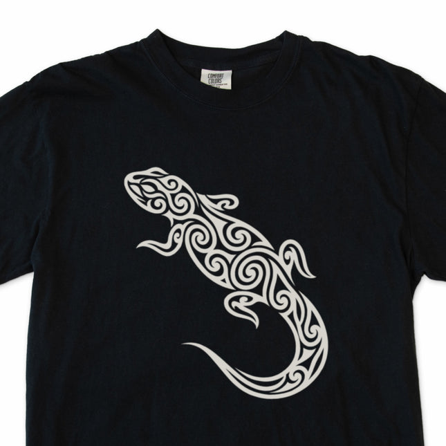 Black t-shirt featuring a tribal lizard swirl pattern graphic print.