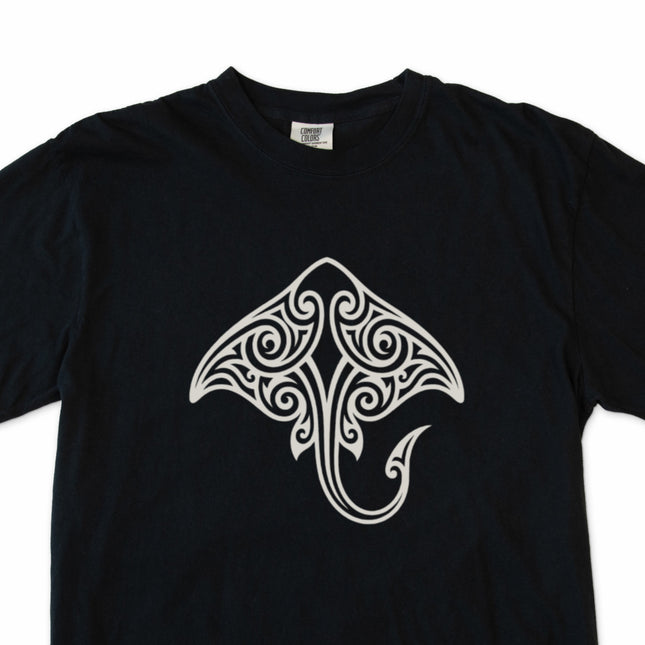 Tribal stingray t-shirt with Maori Polynesian ocean life graphic print.