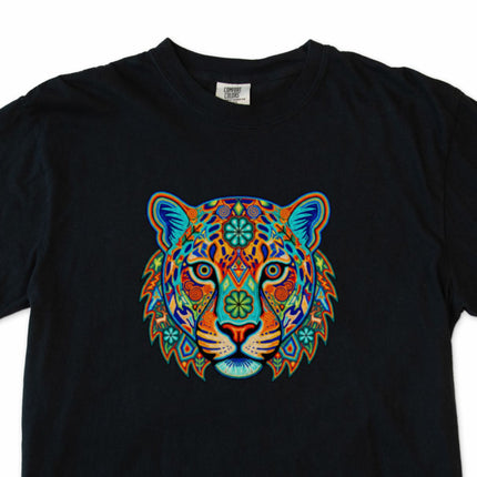 Psychedelic Huichol jaguar graphic t-shirt, featuring colorful Mexican tribal art design.