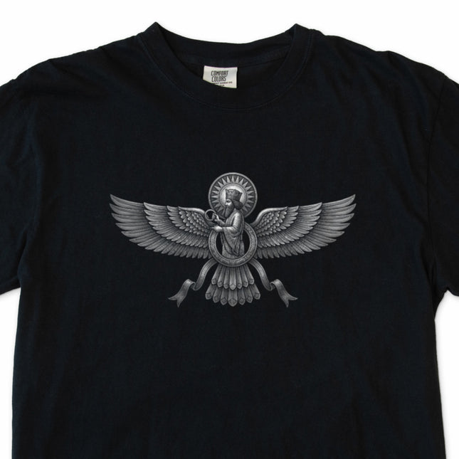Faravahar symbol t-shirt featuring ancient Zoroastrian and Persian mythology design.