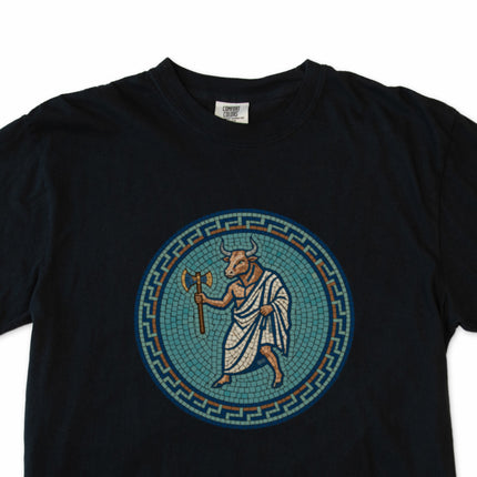 Minotaur mosaic t-shirt design featuring Greek mythology, labyrinth, and ancient art.