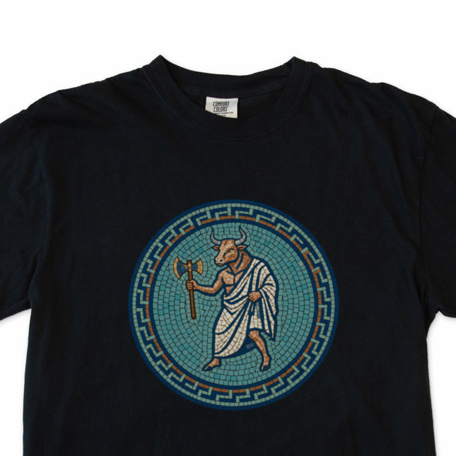 Minotaur mosaic t-shirt design featuring Greek mythology, labyrinth, and ancient art.