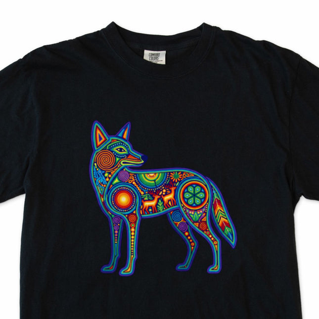 Huichol coyote art t-shirt featuring colorful indigenous Mexican graphics.