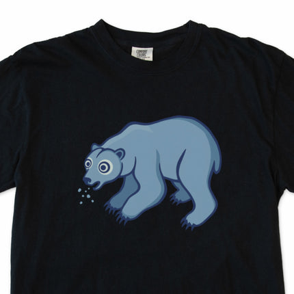 Goofy blue polar bear spitting snow graphic t-shirt design for arctic animal lovers.