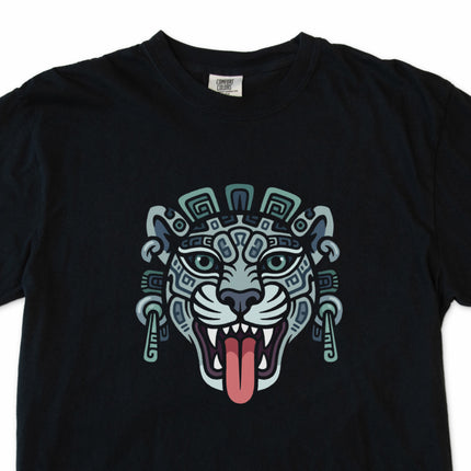 Mayan Jaguar Head tribal art t-shirt featuring ancient Mesoamerican cultural design.