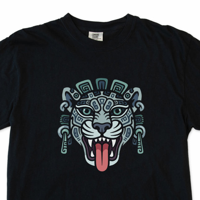 Mayan Jaguar Head tribal art t-shirt featuring ancient Mesoamerican cultural design.
