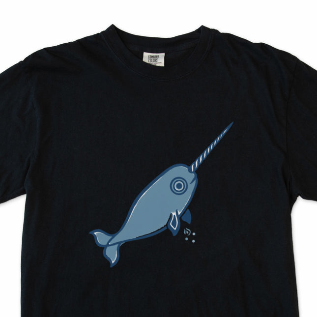 Arctic narwhal graphic tee shirt with Inuit-inspired ocean animal design.