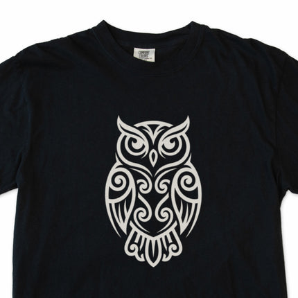 Tribal owl and Celtic knot wisdom design on a unisex t-shirt.