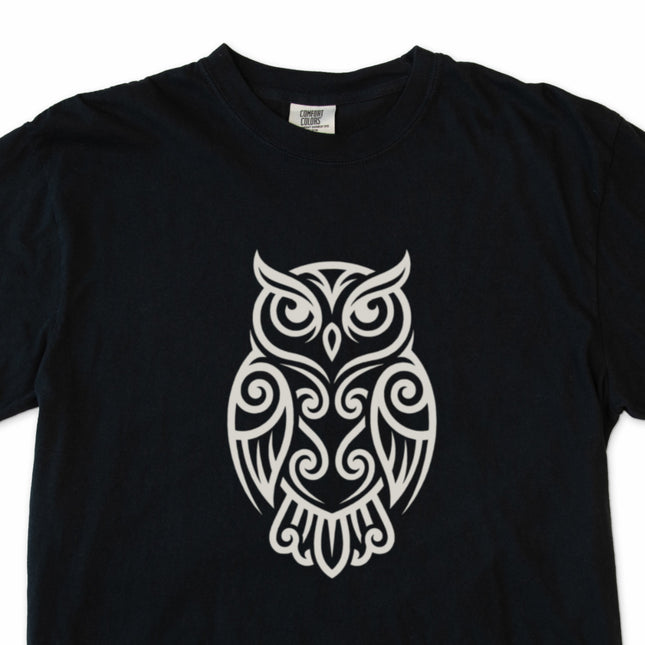Tribal owl and Celtic knot wisdom design on a unisex t-shirt.