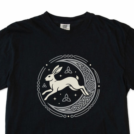 Celtic knotwork t-shirt featuring a hare and crescent moon design.