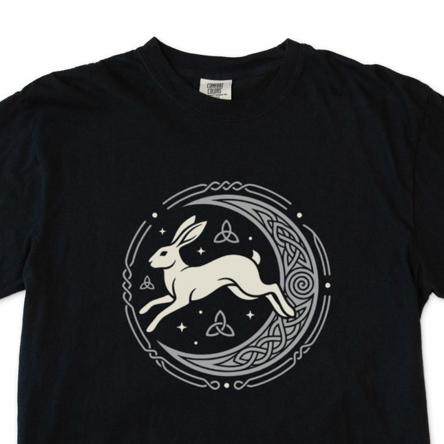 Celtic knotwork t-shirt featuring a hare and crescent moon design.