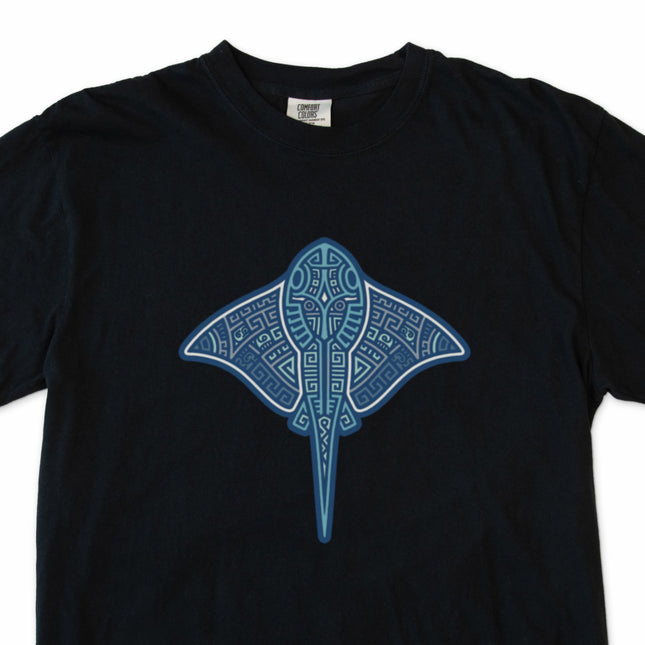 Tribal geometric stingray design t-shirt featuring blue ocean and Mayan-inspired patterns.
