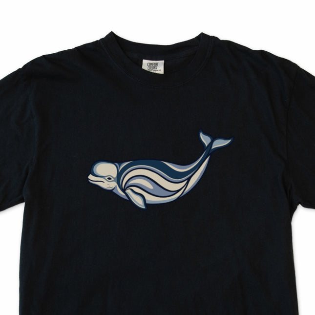 Beluga whale t-shirt with Inuit inspired indigenous art marine graphic design.