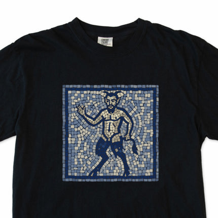 Mosaic Satyr graphic tee shirt, featuring ancient Greek mythology art on black fabric.