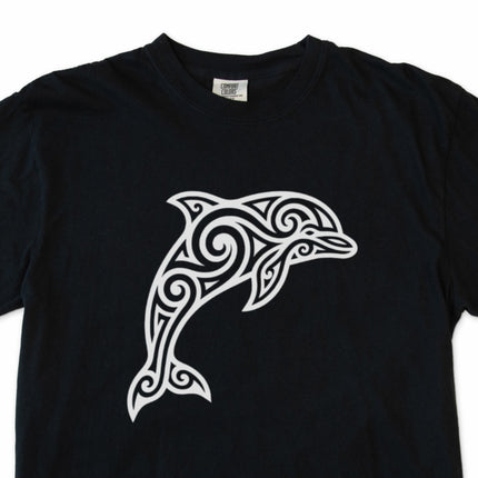 Tribal dolphin swirl art graphic print featuring ocean waves and marine life.
