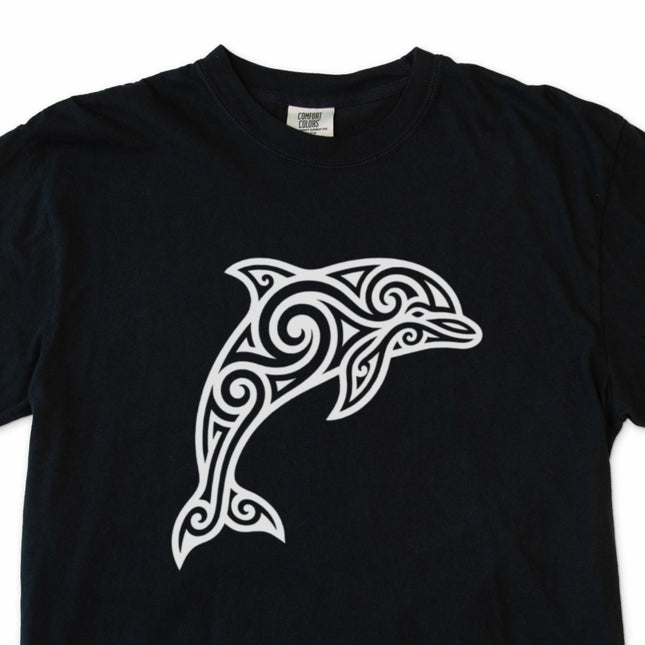 Tribal dolphin swirl art graphic print featuring ocean waves and marine life.
