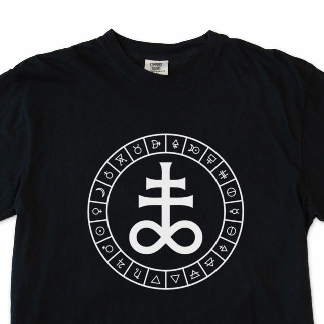 Occult Leviathan cross and alchemical symbol graphic tee featuring brimstone occult design.