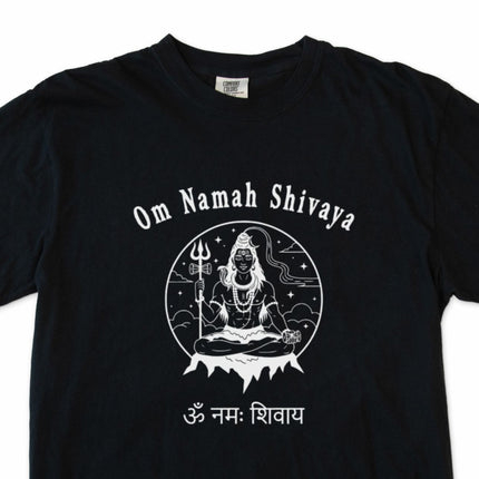Om Namah Shivaya Lord Shiva mantra graphic t-shirt design featuring Hindu spiritual symbols.