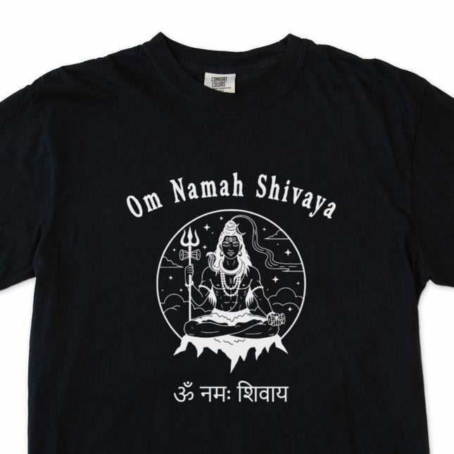 Om Namah Shivaya Lord Shiva mantra graphic t-shirt design featuring Hindu spiritual symbols.
