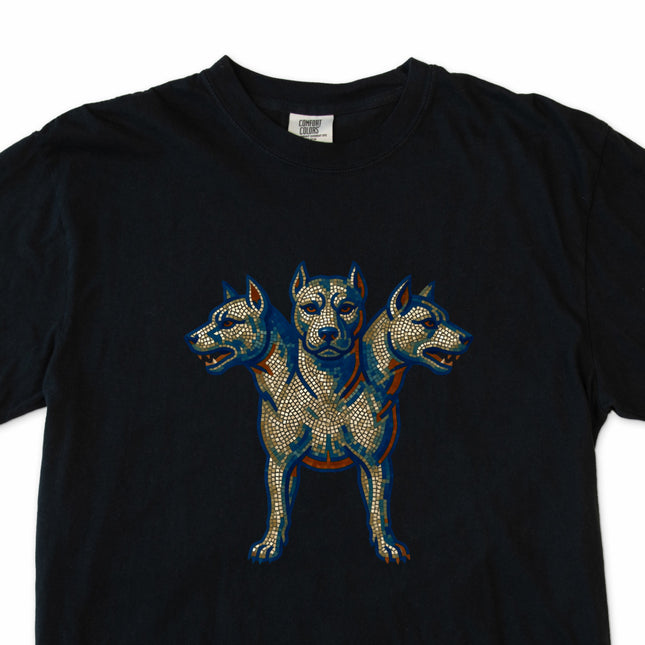 Cerberus three-headed dog mosaic graphic tee featuring Greek mythology art.
